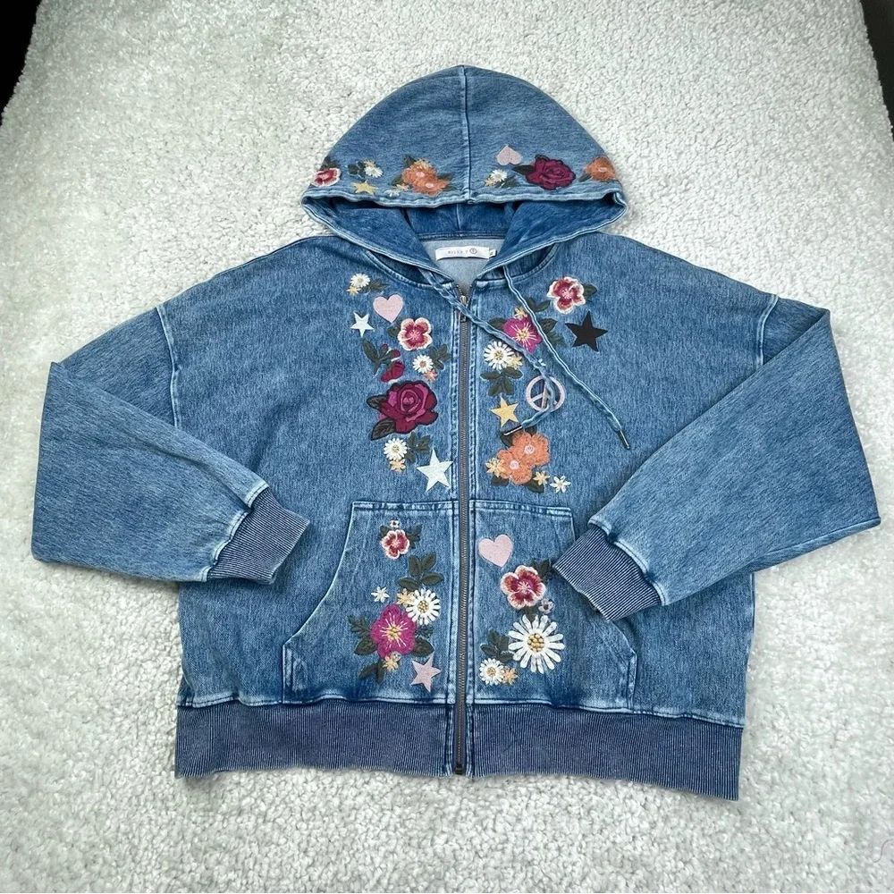 Billy T Camp Happy Hoodie Embroidered Peace Sign Floral Flowers Denim XL - Picture 2 of 13